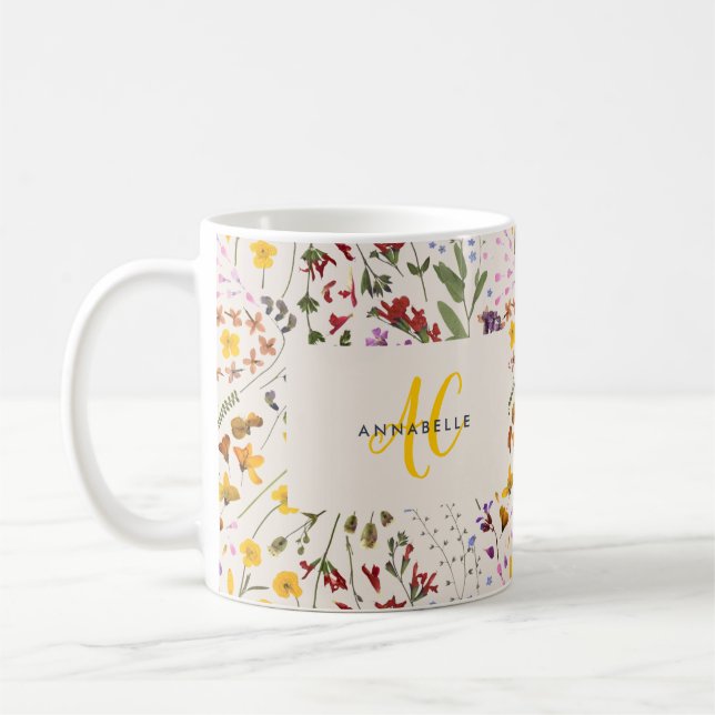Modern wildflower colourful monogram floral coffee mug (Left)