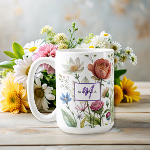 Modern wildflower colourful monogram floral  coffee mug