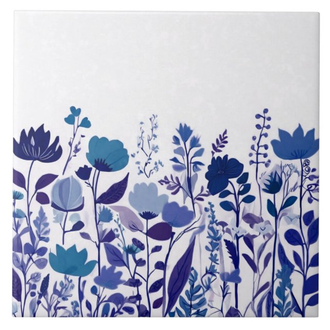 Modern Wildflower Dark Blue & White Floral Flowers Tile (Front)