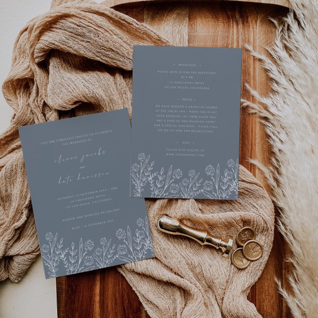 Modern Wildflower Dusty Blue Front & Back Wedding Invitation (Creator Uploaded)