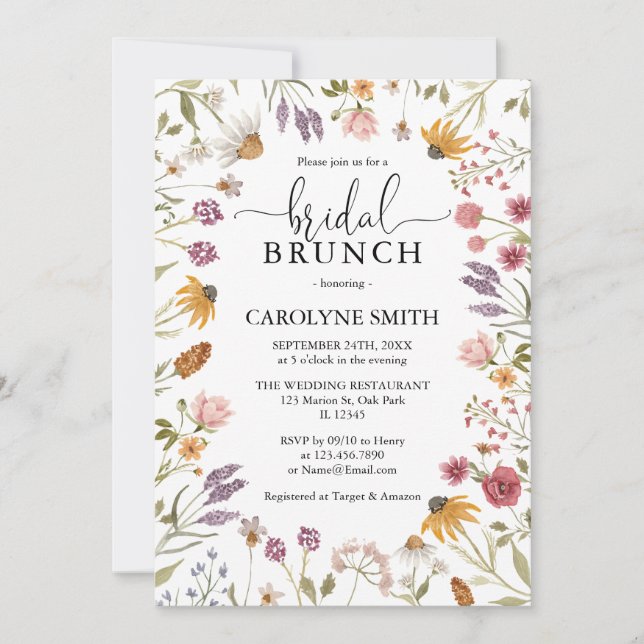 Modern Wildflower Elegant Boho Bridal Brunch Invitation (Front)