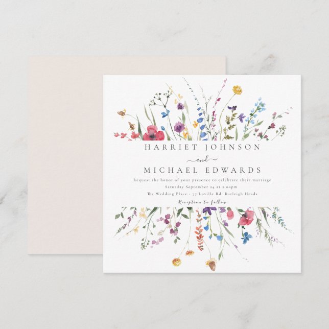 Modern Wildflower Frame Square Wedding Invitation (Front/Back)