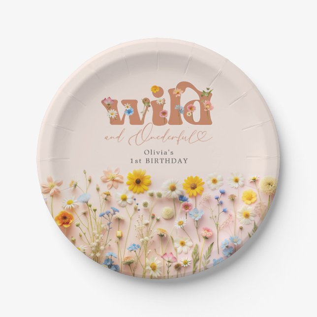 Modern Wildflower Girl 1st Birthday Paper Plate (Front)
