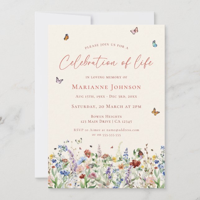 Modern Wildflower Memorial Celebration of Life Invitation (Front)