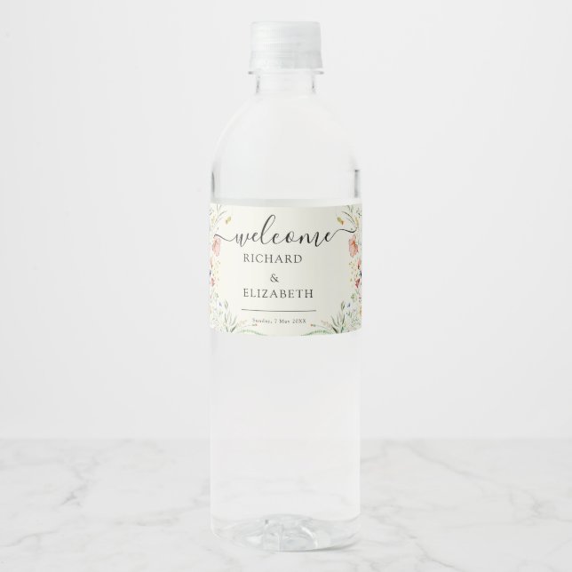 Modern Wildflower Minimal Elegant Wedding Water Bottle Label (Front)