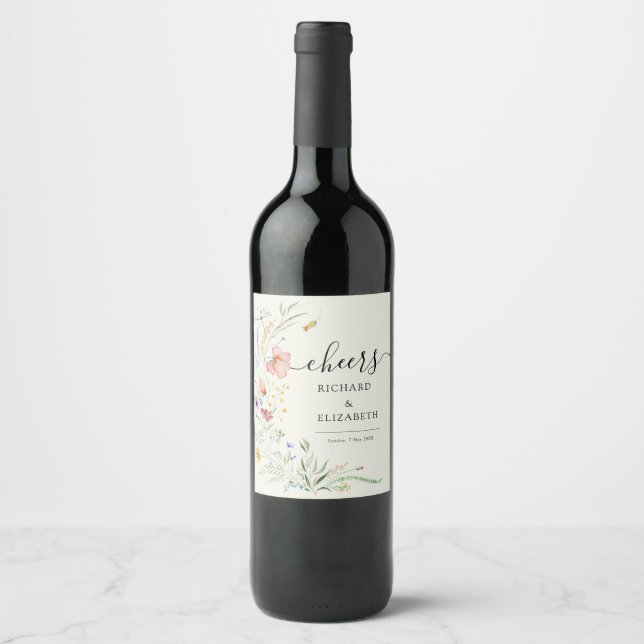 Modern Wildflower Minimal Elegant Wedding Wine Label (Front)