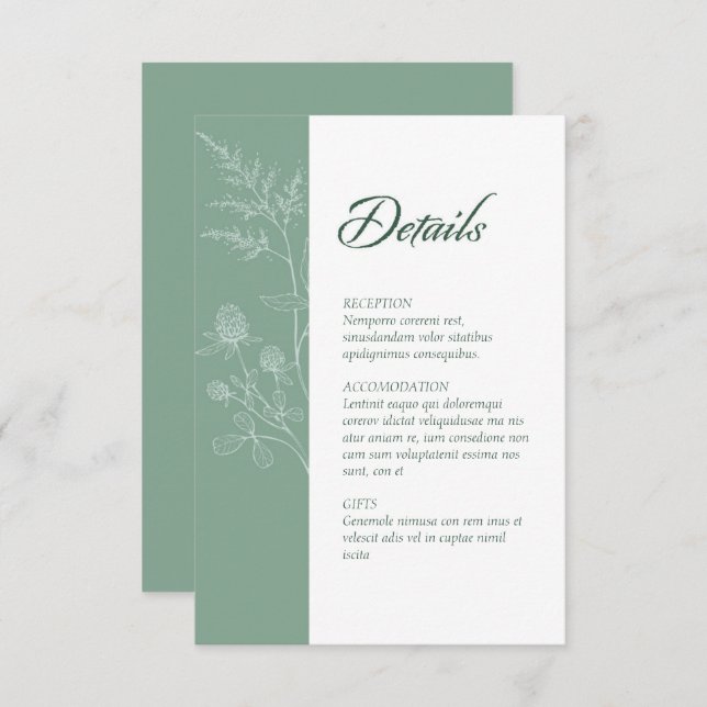 Modern Wildflower Minimal Sage Green Wedding Enclosure Card (Front/Back)