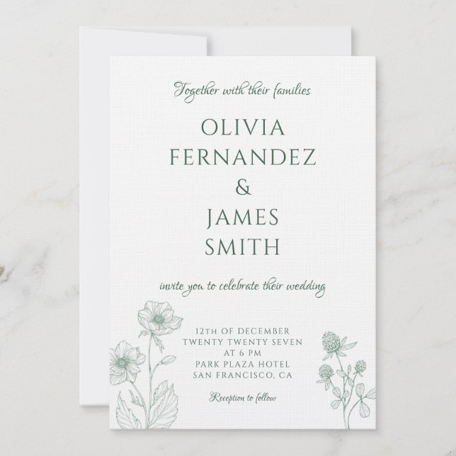 Modern Wildflower Minimal Sage Green Wedding Invitation (Front)
