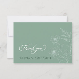 Modern Wildflower Minimal Sage Green Wedding Thank You Card