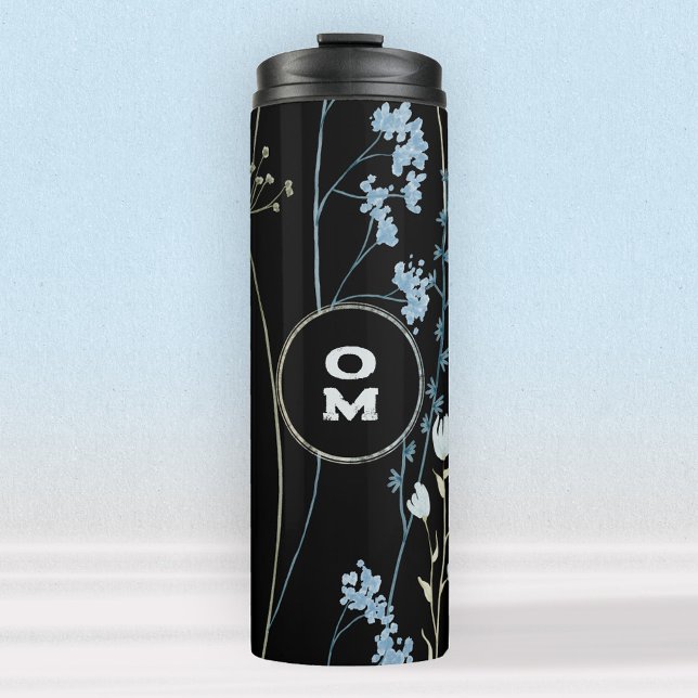 Modern Wildflower Monogram Black Light Blue Thermal Tumbler (Creator Uploaded)
