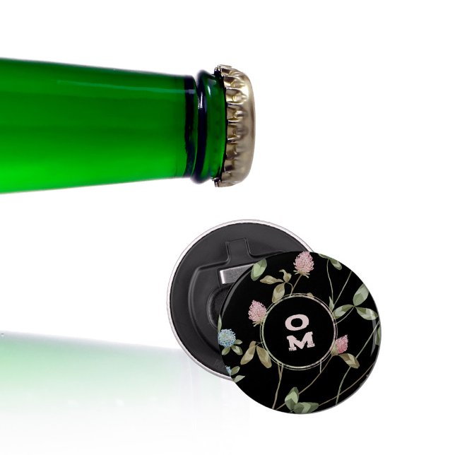 Modern Wildflower Monogram Black Pink Green Clover Bottle Opener (Modern Wildflower Monogram Black Pink Green Clover Bottle Opener ©Susanne Sachers Sunny Mind Design)