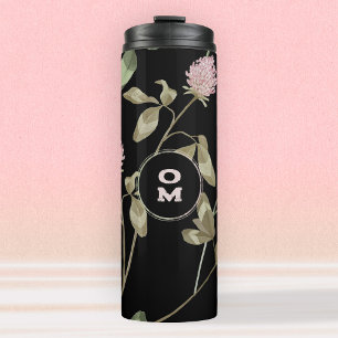 Modern Wildflower Monogram Black Rose Clover Thermal Tumbler