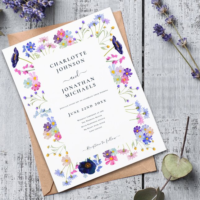 Modern Wildflower Navy Blue Wedding Invitation Postcard (Modern colorful wildflower wedding invitation blue pink purple peach)