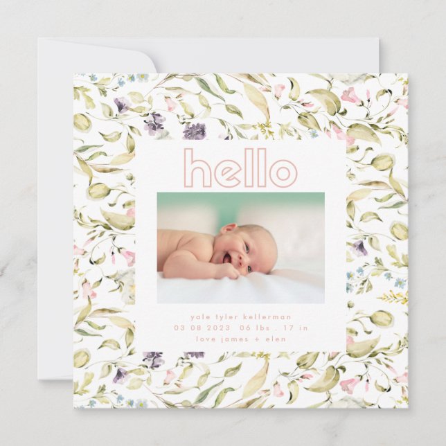 modern wildflower pink girl hello baby birth announcement (Front)