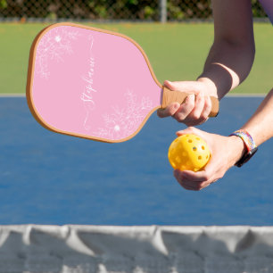 Modern Wildflower Pink Script Name Elegant Floral  Pickleball Paddle