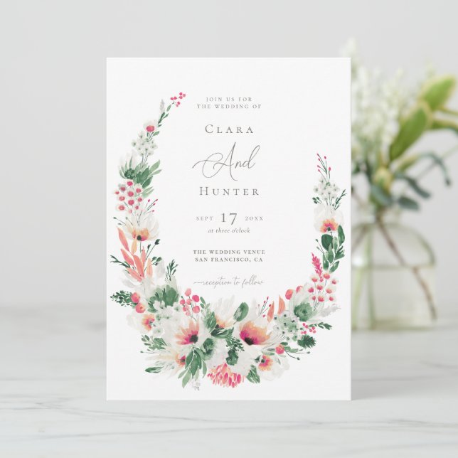 Modern Wildflower Pink Wedding Invitation (Standing Front)