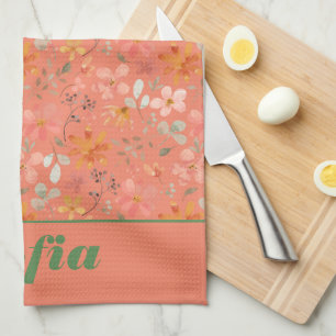 Modern wildflower pink yellow pattern name orange tea towel