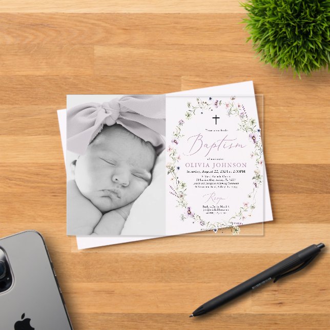 Modern Wildflower Purple Girl Photo Baptism Acrylic Invitations (Insitu (Invitation Card))