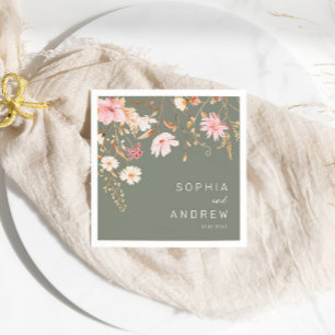 Modern Wildflower Sage Green Garden Wedding Napkin