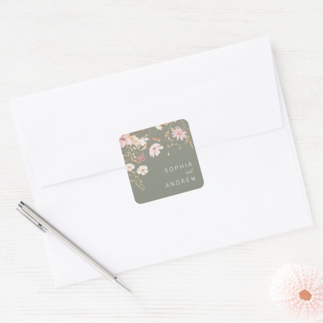 Modern Wildflower | Sage Green Garden Wedding Square Sticker (Envelope)