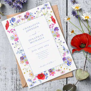 Modern Wildflower Watercolor Blue Wedding Invitation