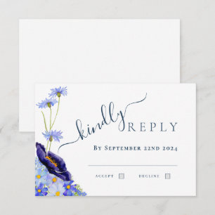 Modern Wildflower Watercolor Blue Wedding RSVP Card