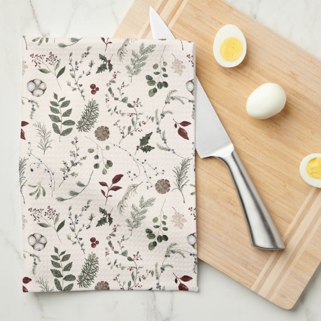 Modern Wildflower Watercolor Christmas Pattern Tea Towel (Quarter Fold)