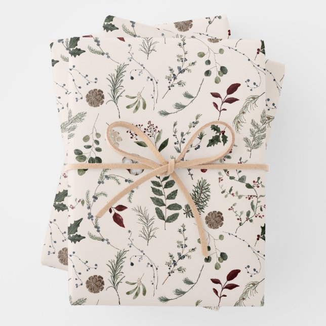Modern Wildflower Watercolor Christmas Pattern Wrapping Paper Sheet (In situ)