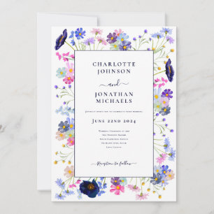 Modern Wildflower Watercolor Navy Blue Invitation