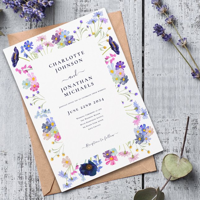 Modern Wildflower Watercolor Navy Blue Invitation (Modern colorful wildflower boho chic typography wedding invitation navy blue pink purple peach green)