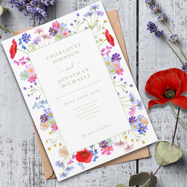 Modern Wildflower Watercolor Wedding Invitation (Modern Colorful wildflower sage green typography wedding invitation boho chic watercolor floral)