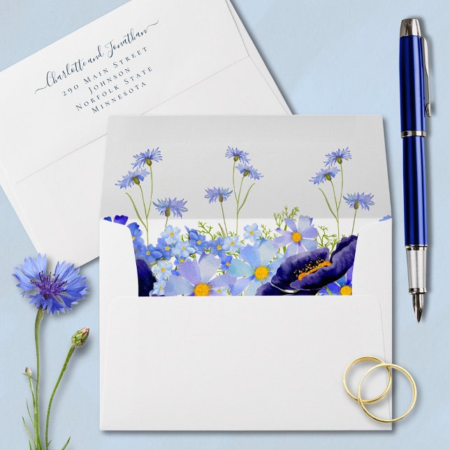 Modern Wildflower Wedding Envelope (Elegant blue summer floral watercolor return address wedding envelope with stylish typography script)