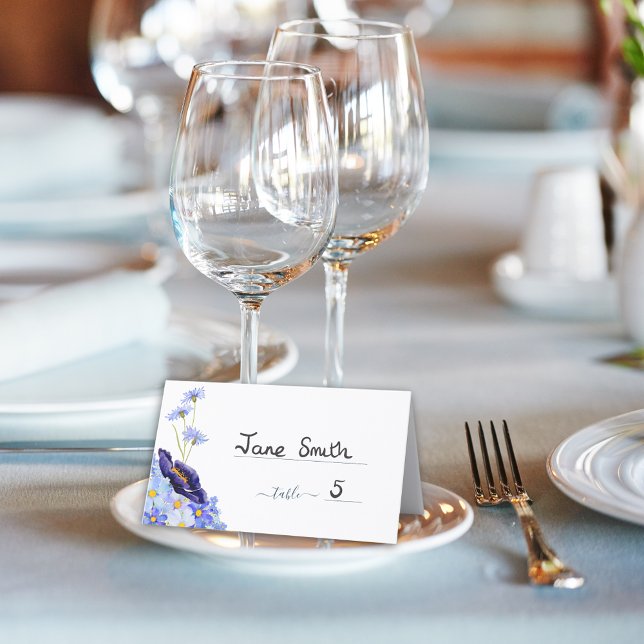 Modern Wildflower Wedding Folded Place Card (Modern wildflower blue summer floral watercolor wedding folded place card)