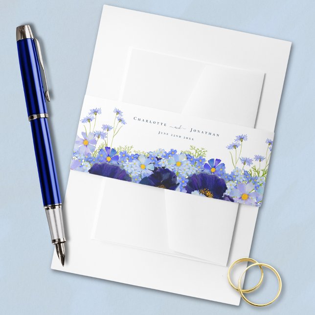 Modern Wildflower Wedding Invitation Belly Band (Elegant wildflower blue floral watercolor wedding invitation belly band bride & groom names and date)