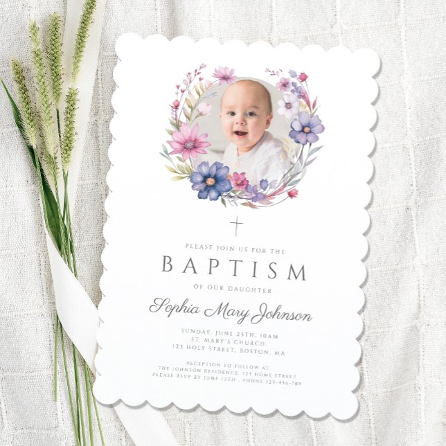 Modern Wildflower Wreath Girl Baptism Photo Invitation (Modern Wildflower Wreath Girl Baptism Photo Invitation)
