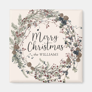 Modern Wildflower Wreath Script Christmas Family Magnet