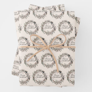 Modern Wildflower Wreath Script Christmas Pattern Wrapping Paper Sheet