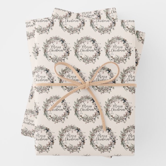 Modern Wildflower Wreath Script Christmas Pattern Wrapping Paper Sheet (In situ)