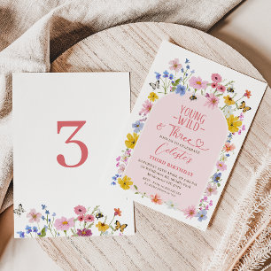 Modern Wildflower Young Wild Three 3rd Birthday  Invitation