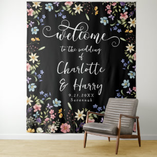 Modern Wildflowers Black Wedding Welcome Backdrop Tapestry