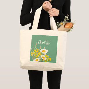 Modern Wildflowers Custom Monogram Large Tote Bag