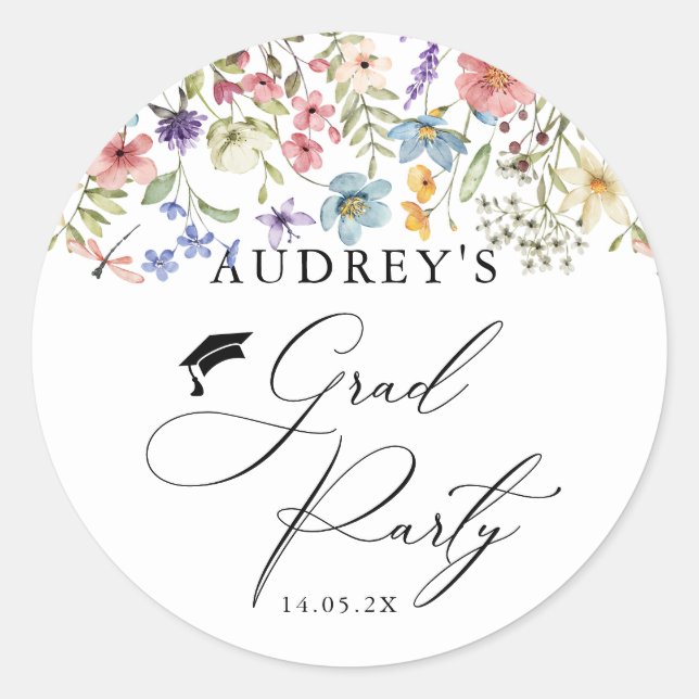 Modern Wildflowers Floral  Grad Party  Classic Round Sticker (Front)