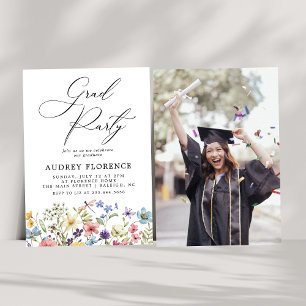 Modern  Wildflowers Floral Photo Graduation Party Invitation