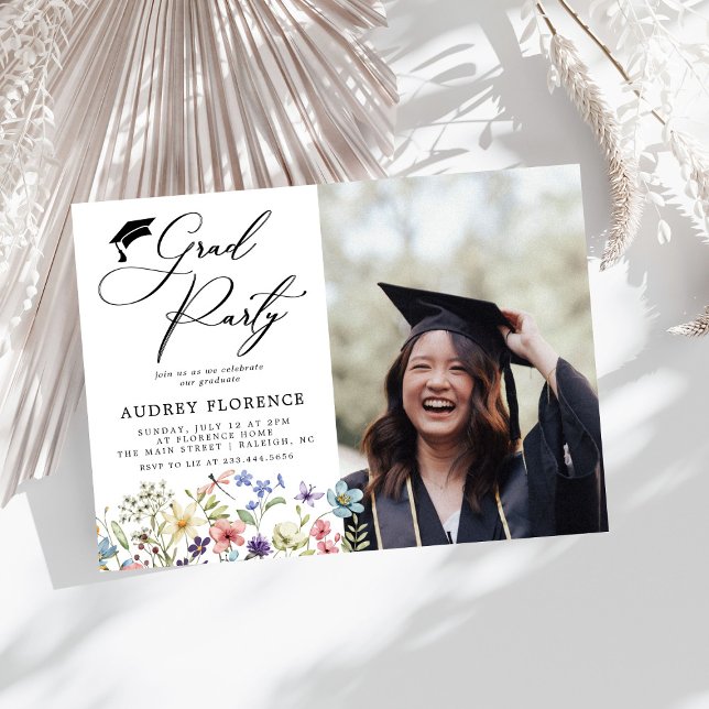 Modern  Wildflowers Floral Photo Graduation Party Invitation (Creator Uploaded)