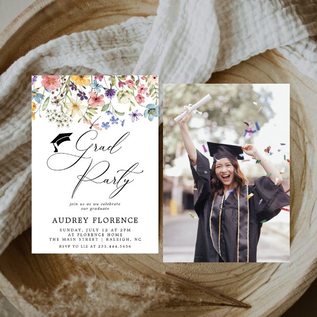 Modern  Wildflowers Floral Photo Graduation Party Invitation (Creator Uploaded)
