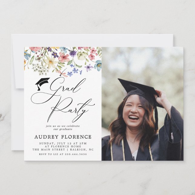 Modern  Wildflowers Floral Photo Graduation Party Invitation (Front)