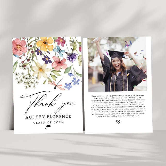 Modern  Wildflowers Floral Photo Graduation Party Thank You Card (Creator Uploaded)