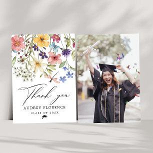 Modern  Wildflowers Floral Photo Graduation Party Thank You Card