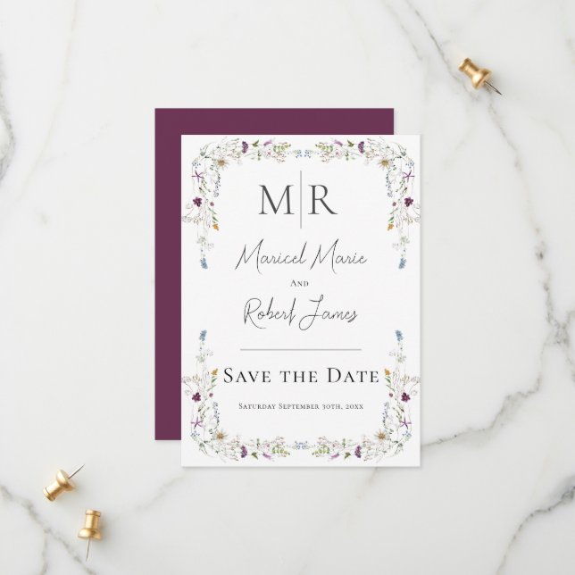Modern Wildflowers Monogram Burgundy Wedding Save The Date (Front/Back In Situ)