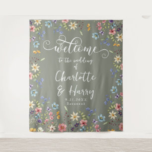 Modern Wildflowers Sage Wedding Welcome Backdrop Tapestry